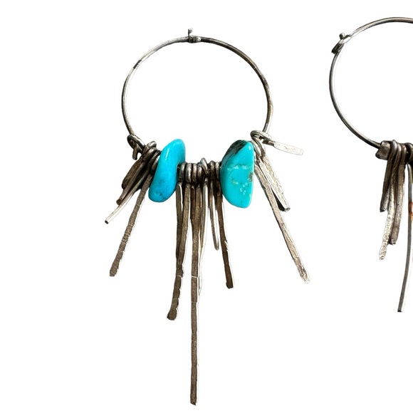 Silver and Turquoise Trendy Hoop Earrings - Picture 2 of 4